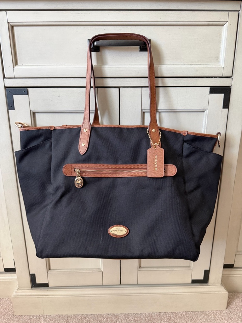 Coach Black Tote with Brown Leather Trim and Gold Hardware